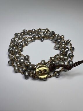 Handmade Grey Pearl Wrap Bracelet with Gold Button Closure